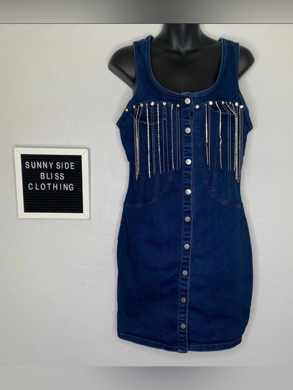 Haute Monde Denim Bodycon Button Down Fringe Dress Size Medium